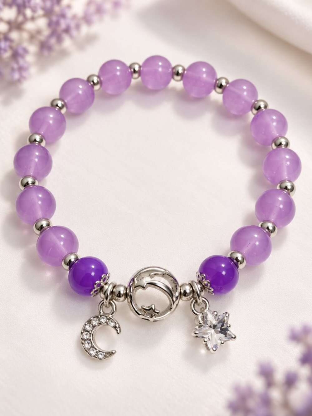 Purple Cat’s Eye Beaded Stretch Bracelet Moon Star Charms